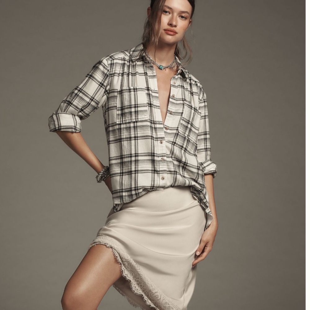NWT Anthropologie Pilcro Hadley Plaid Button down shirt blouse Black White XS
